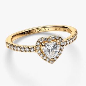 Pandora Gold Ring with Clear Elevated Heart Stone. 14K Gold Plating. Size 7